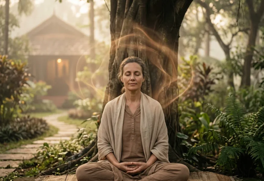 Eine Person in Meditation, die Innere Vergebung und Frieden ausstrahlt