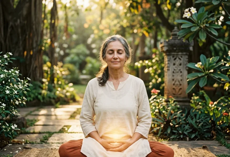 Meditierende Person, die spirituelle Unparteilichkeit verkörpert, in einem friedlichen Garten.