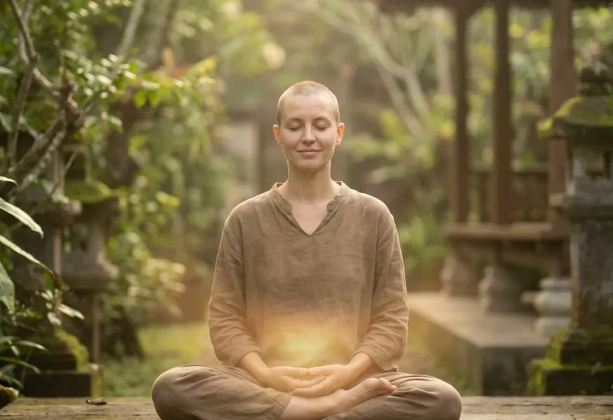 Meditierende Person, die Unparteilichkeit verkörpert, umgeben von einem goldenen Licht, das das Sakralchakra und den Fluss von Liebe und Fülle symbolisiert.