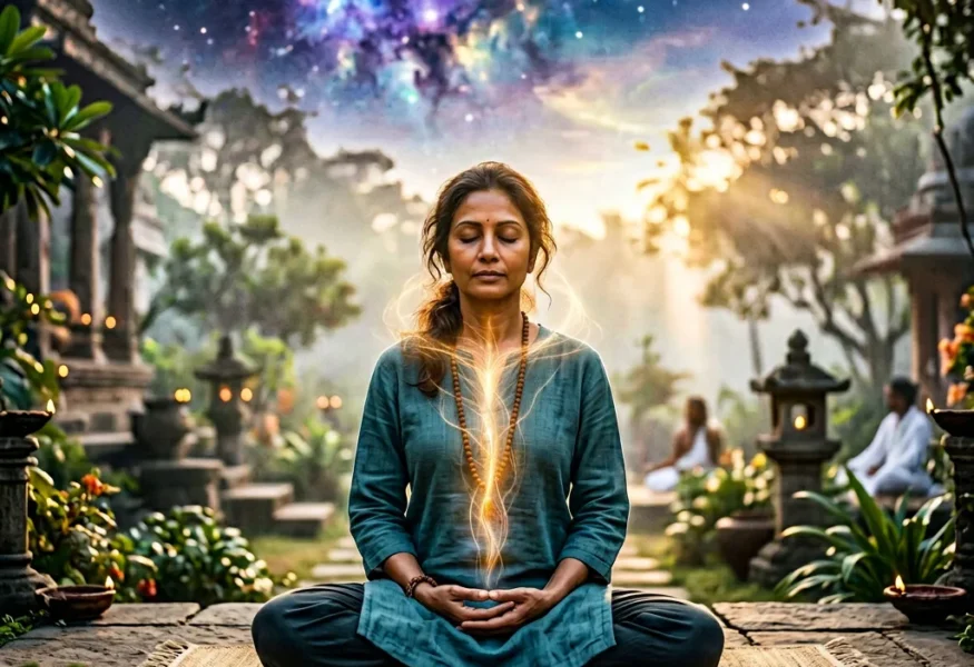 Meditierender Mensch mit leuchtenden Elementen, Navaratri Weisheit