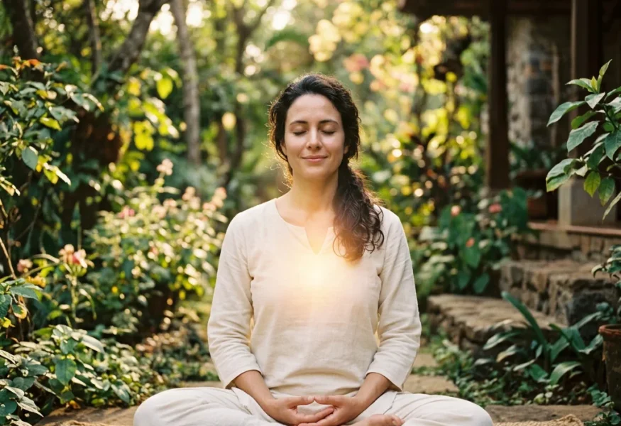 Frau in Meditation mit strahlendem Kanti und schönen Herzen