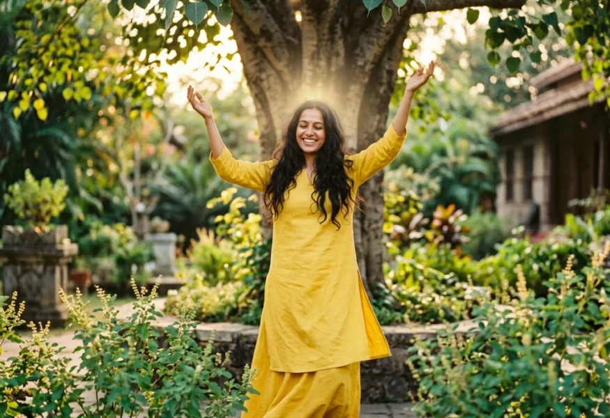 Eine Person tanzt freudvoll in gelber Kleidung, umgeben von heiligen Pflanzen, symbolisierend Ekadashi Fasten und Befreiung.