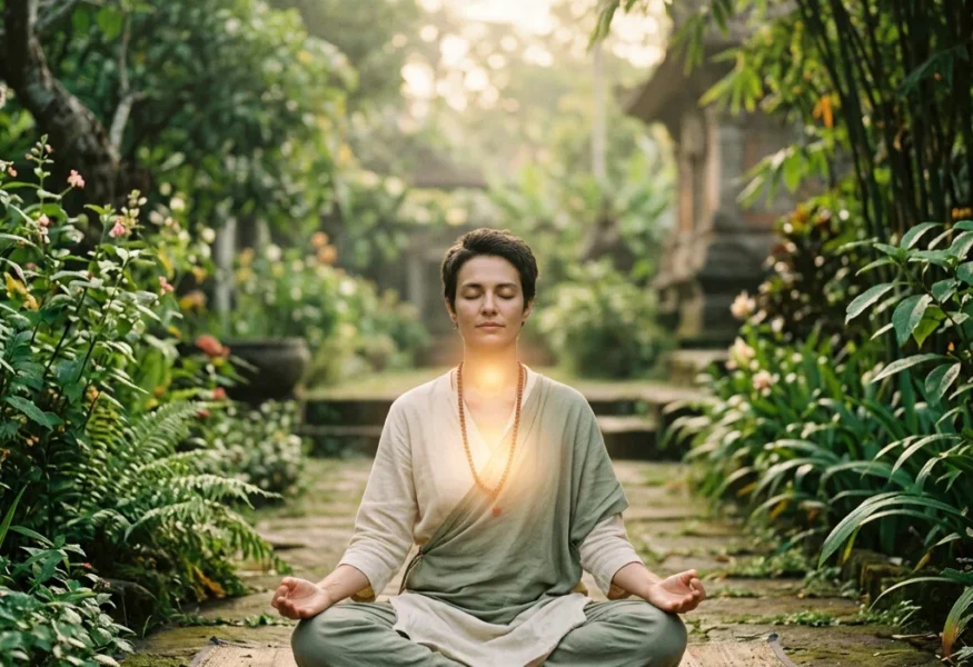 Eine Person in Meditation, die Ehrlichkeit und Liebe ausstrahlt