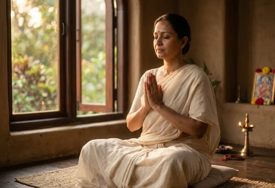 Eine Person in meditativer Haltung, umgeben von warmem Licht, symbolisiert ganzheitliche Reinigung.
