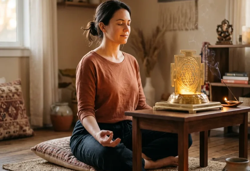 Meditierende Person vor einem leuchtenden Sri Yantra