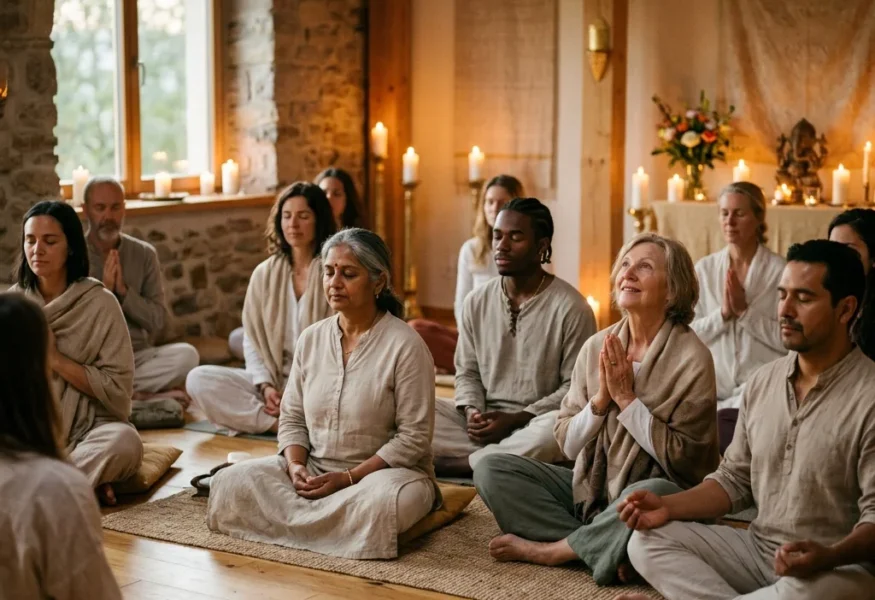 Gruppe von Menschen in tiefer spiritueller Verbindung während Meditation