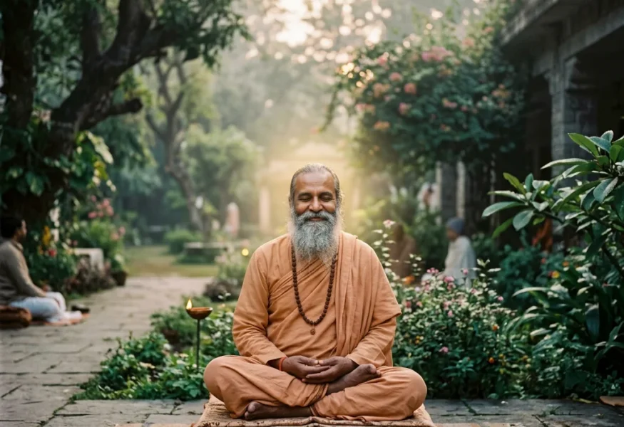 Guru Bhaneshwaranand in Meditation, strahlt Selbstloses Handeln aus