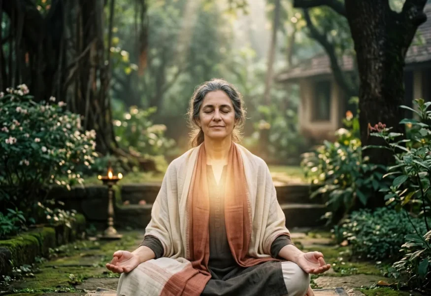 Meditierende Figur im ashram Garten bei Sonnenaufgang — Wahrheit Authentizität
