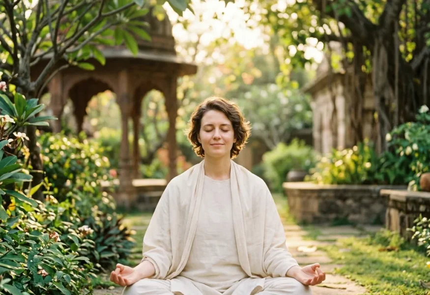 Eine Person in Meditation, die Vergebung und inneren Frieden ausstrahlt.