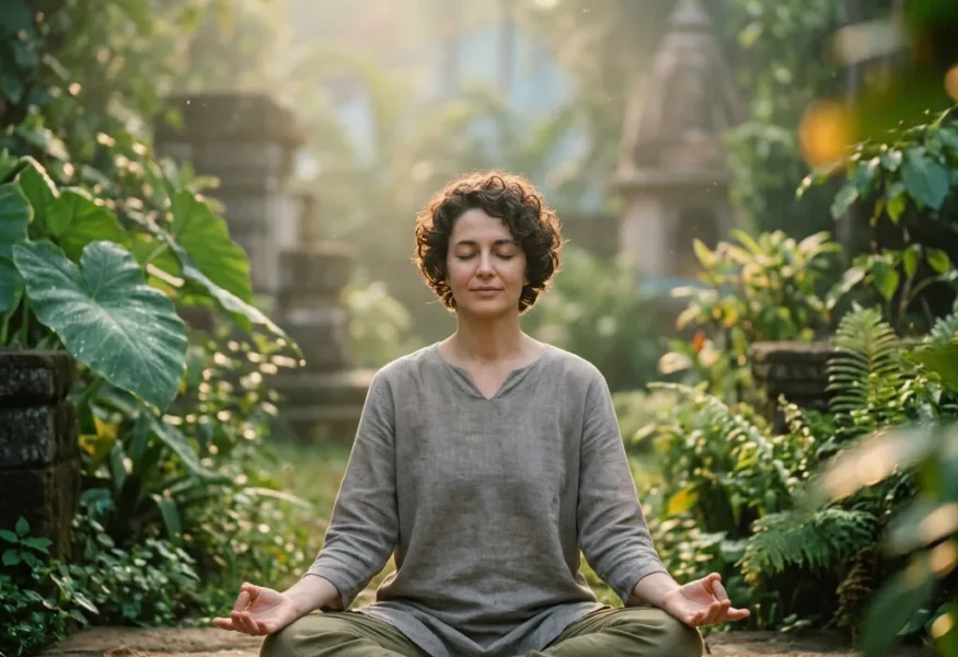 Eine Person sitzt in Meditation, strahlt inneren Frieden und Wahrhaftig sein aus.