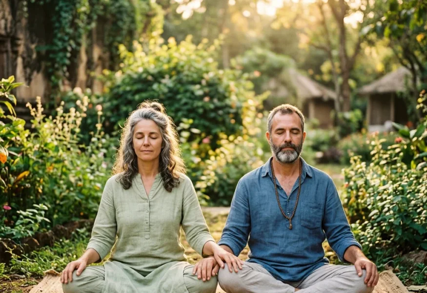 Paar in meditativer Haltung im Garten – spirituelle Partnerschaft