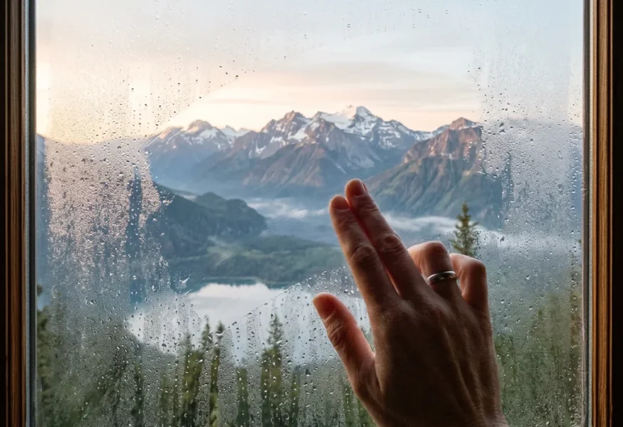 Eine Hand wischt Kondenswasser von einer Fensterscheibe, um das wahre Selbst zu enthüllen, im Kontext von Tat Tvam Asi.