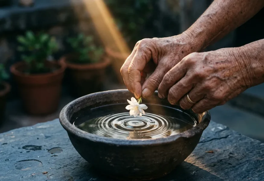 Das Unerwartete zulassen - Eine Hand platziert überraschend eine Blüte in einer Wasserschale