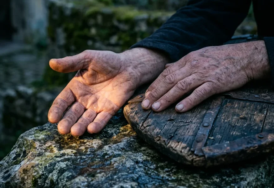 Zwei geöffnete Hände legen eine Holzrüstung ab als Symbol dafür Verletzlichkeit zulassen zu können